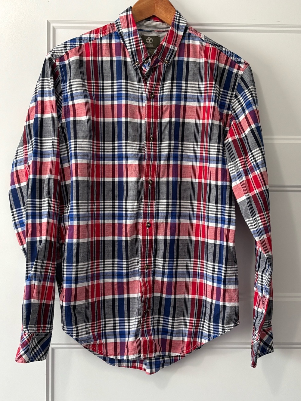 Two Timberland Red, Blue & White Plaid Button-Down Shirt